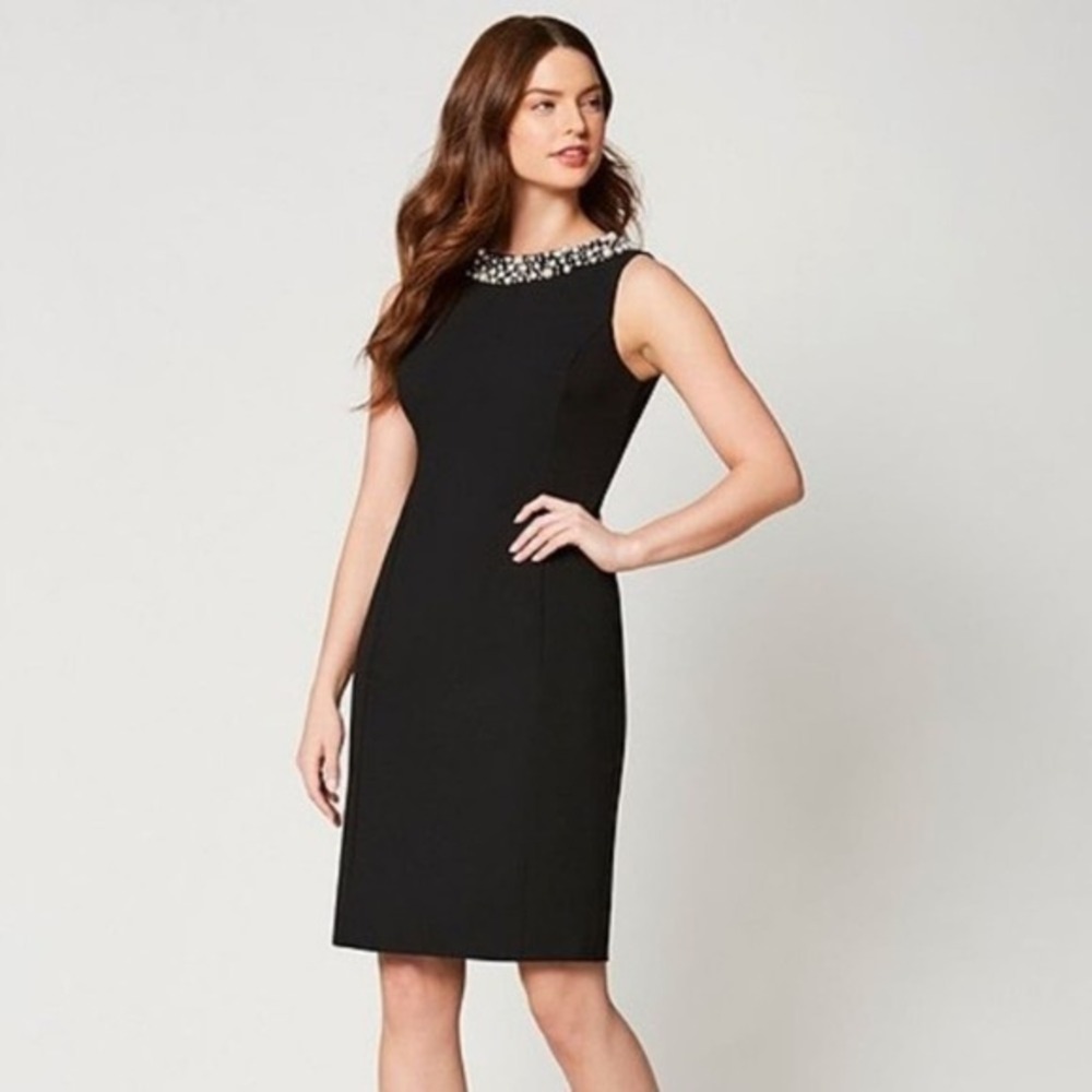 Calvin Klein Womens Black Pearl Embellished Neckline Sheath Cocktail Dress 4